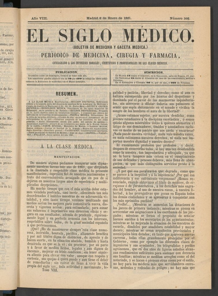 Miniatura de El Siglo Médico: boletín de medicina y gaceta médica del 6 de enero de 1861