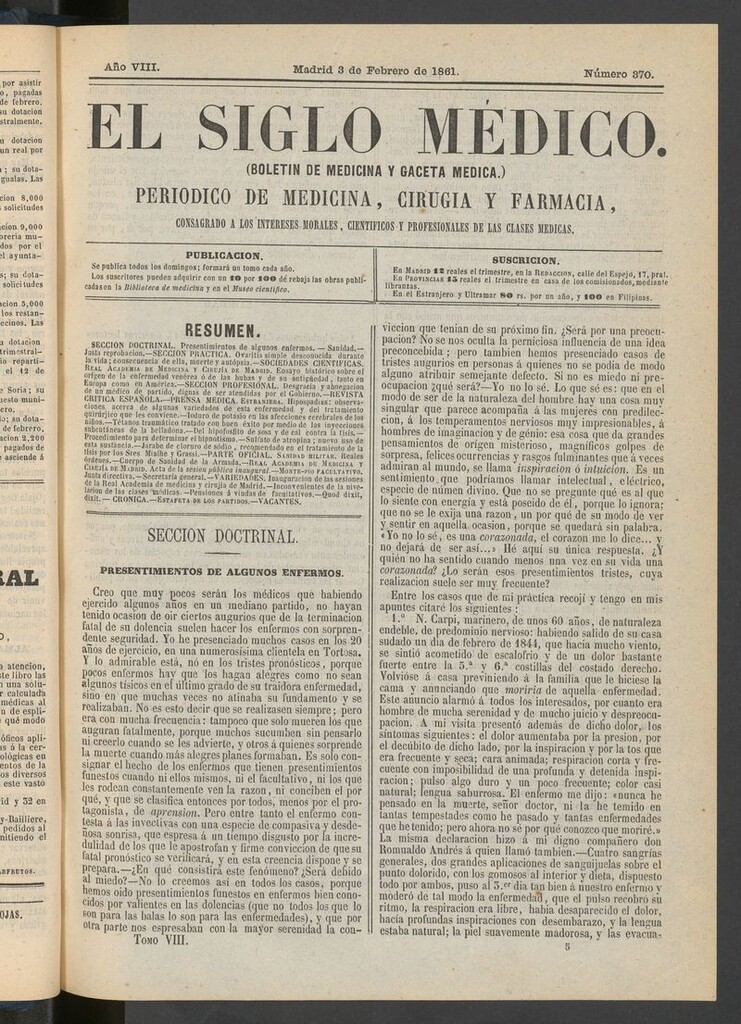 Miniatura de El Siglo Médico: boletín de medicina y gaceta médica del 3 de febrero de 1861