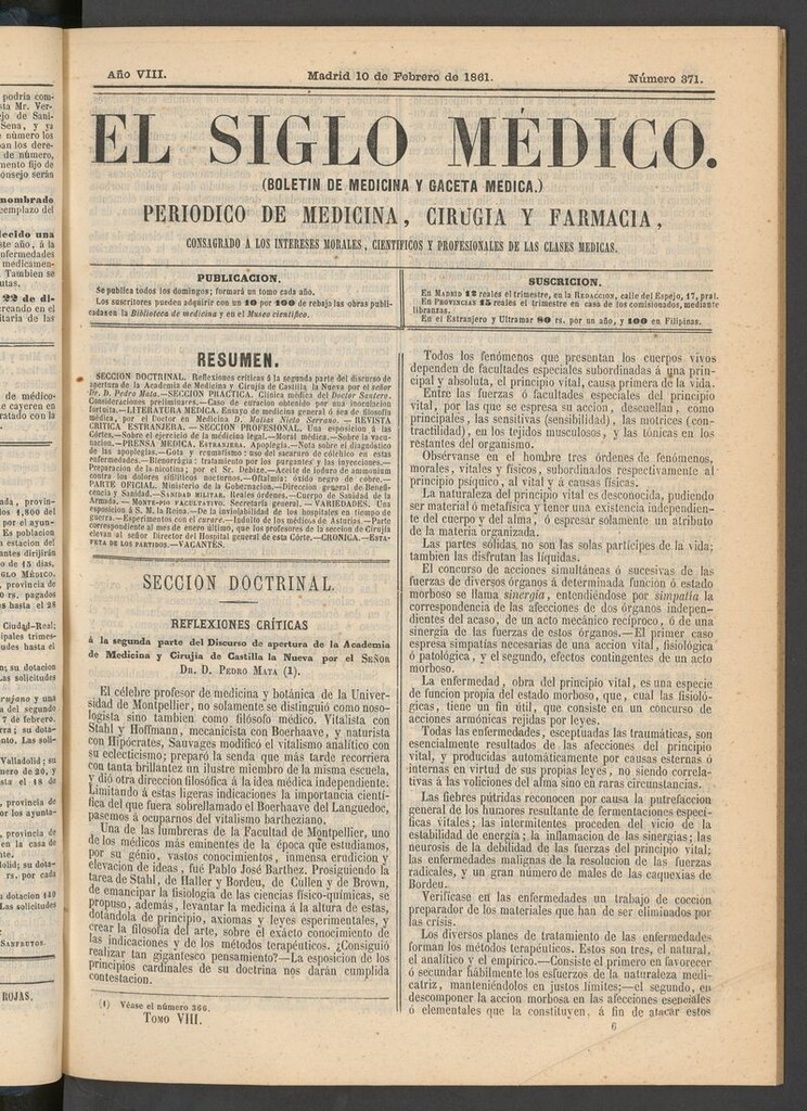 Miniatura de El Siglo Médico: boletín de medicina y gaceta médica del 10 de febrero de 1861