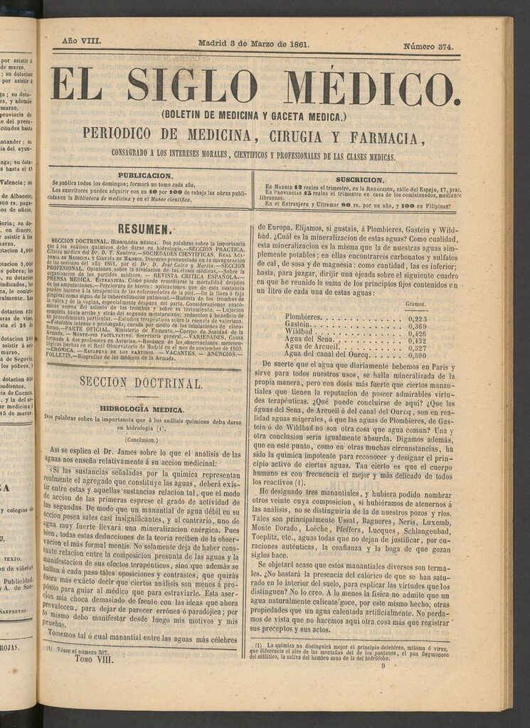 Miniatura de El Siglo Médico: boletín de medicina y gaceta médica del 3 de marzo de 1861