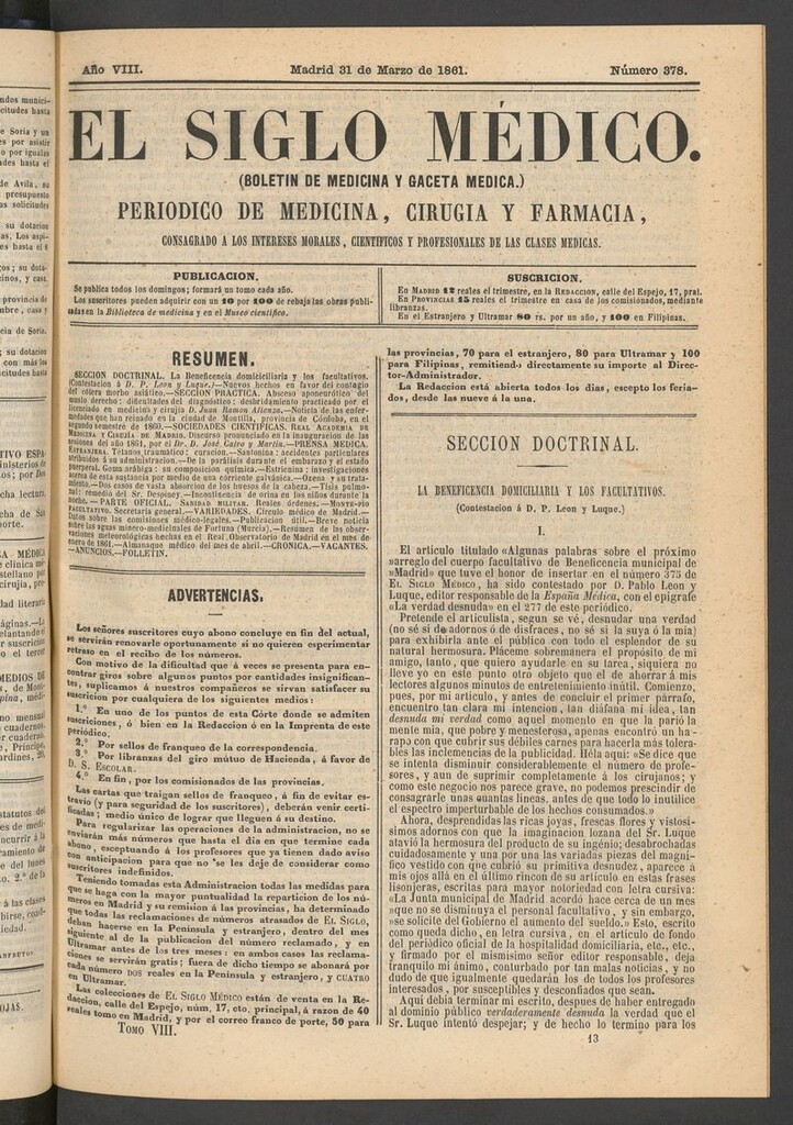Miniatura de El Siglo Médico: boletín de medicina y gaceta médica del 31 de marzo de 1861