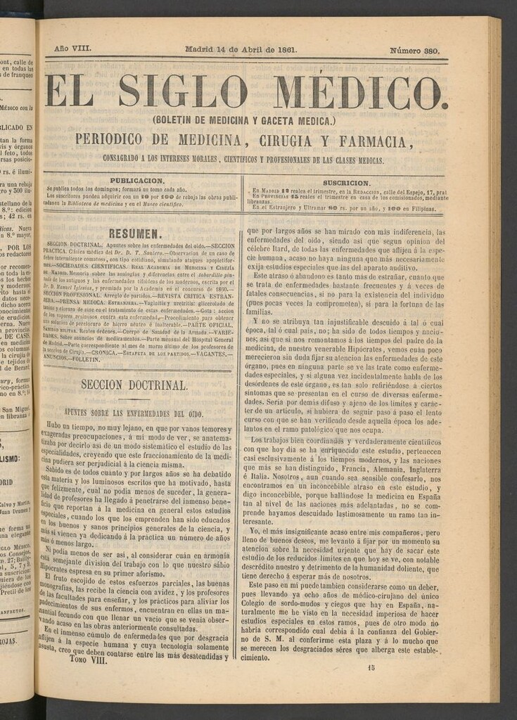 Miniatura de El Siglo Médico: boletín de medicina y gaceta médica del 14 de abril de 1861