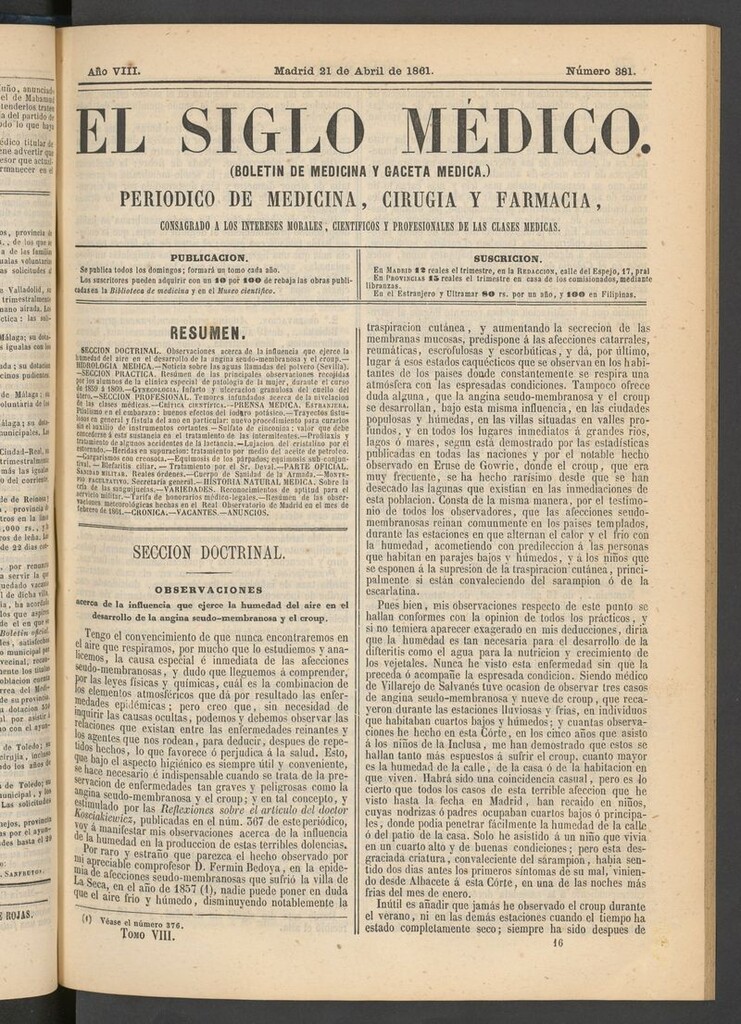 Miniatura de El Siglo Médico: boletín de medicina y gaceta médica del 21 de abril de 1861