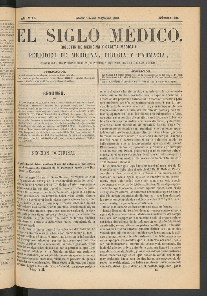 Miniatura de El Siglo Médico: boletín de medicina y gaceta médica del 5 de mayo de 1861