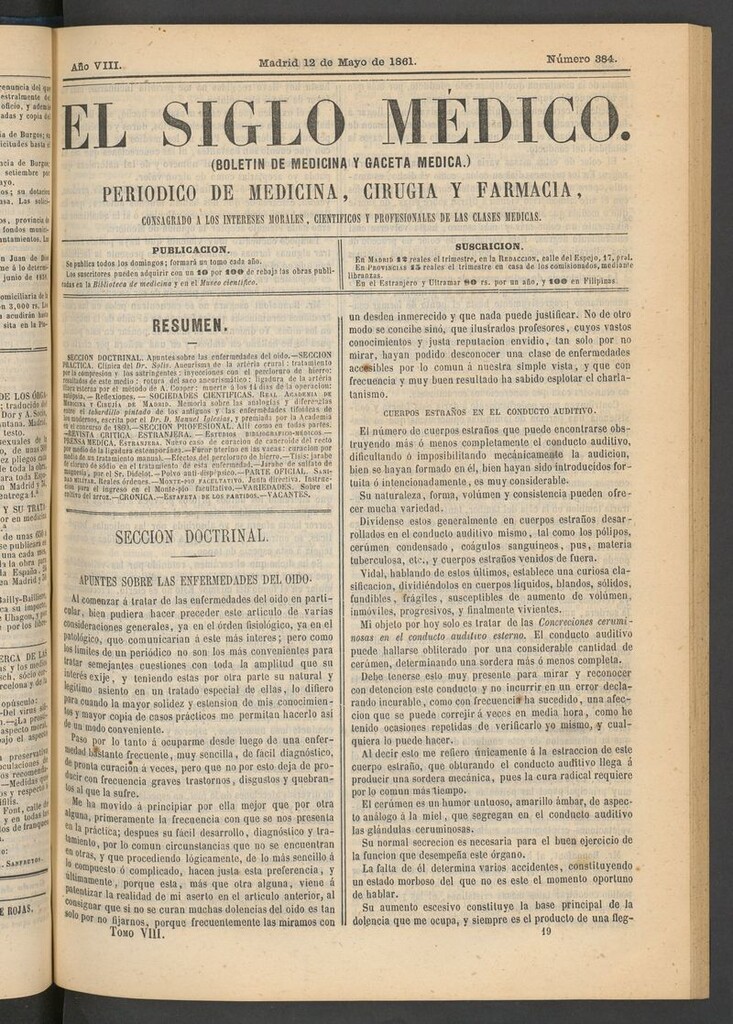 Miniatura de El Siglo Médico: boletín de medicina y gaceta médica del 12 de mayo de 1861
