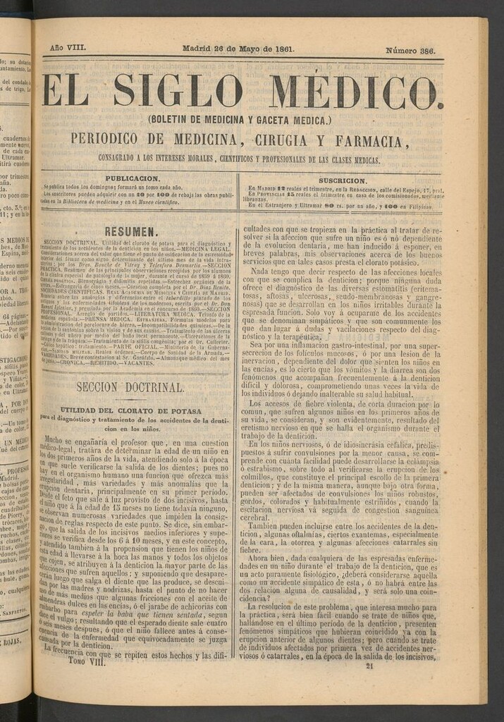 Miniatura de El Siglo Médico: boletín de medicina y gaceta médica del 26 de mayo de 1861