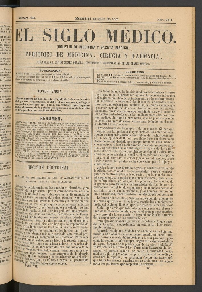 Miniatura de El Siglo Médico: boletín de medicina y gaceta médica del 21 de julio de 1861