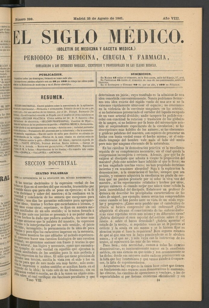 Miniatura de El Siglo Médico: boletín de medicina y gaceta médica del 25 de agosto de 1861