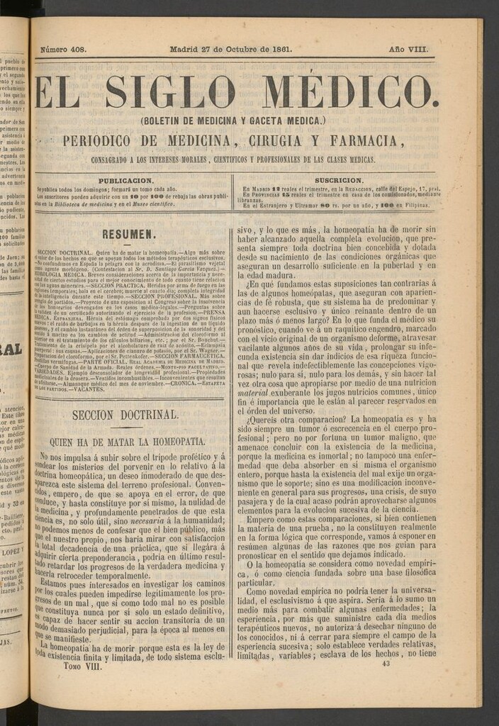 Miniatura de El Siglo Médico: boletín de medicina y gaceta médica del 27 de octubre de 1861