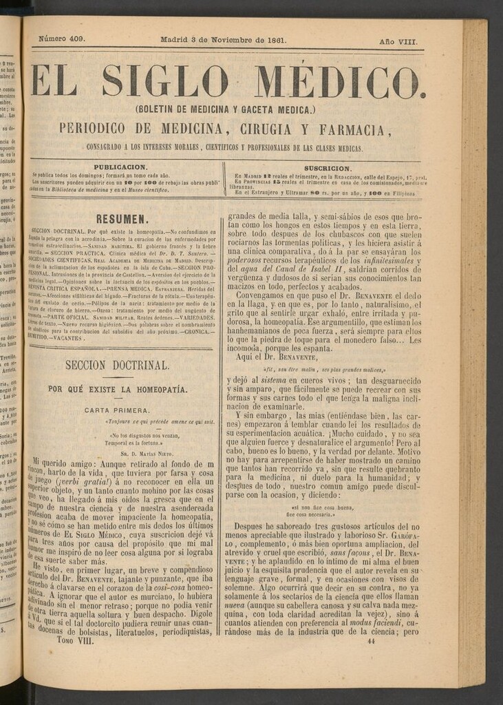 Miniatura de El Siglo Médico: boletín de medicina y gaceta médica del 3 de noviembre de 1861