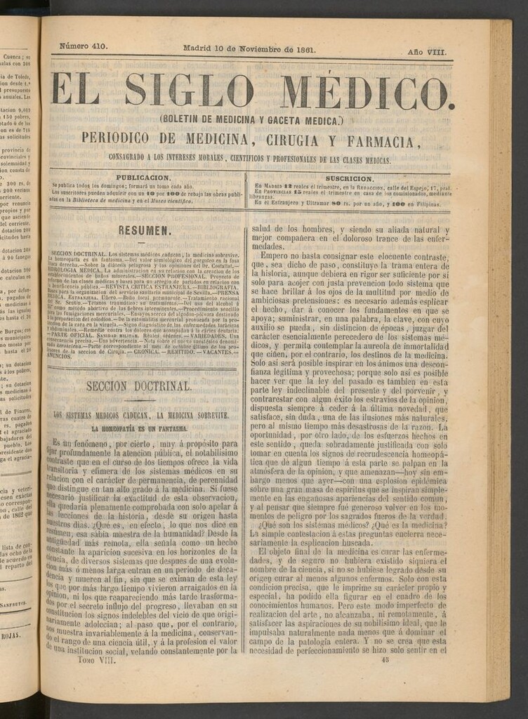 Miniatura de El Siglo Médico: boletín de medicina y gaceta médica del 10 de noviembre de 1861