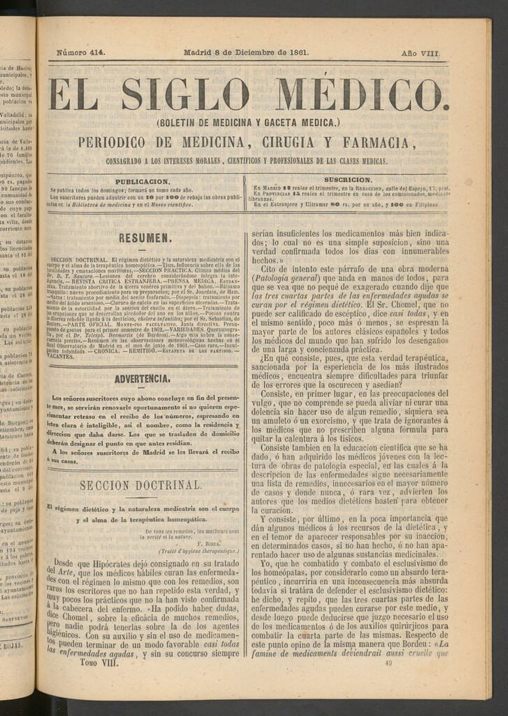 Miniatura de El Siglo Médico: boletín de medicina y gaceta médica del 8 de diciembre de 1861