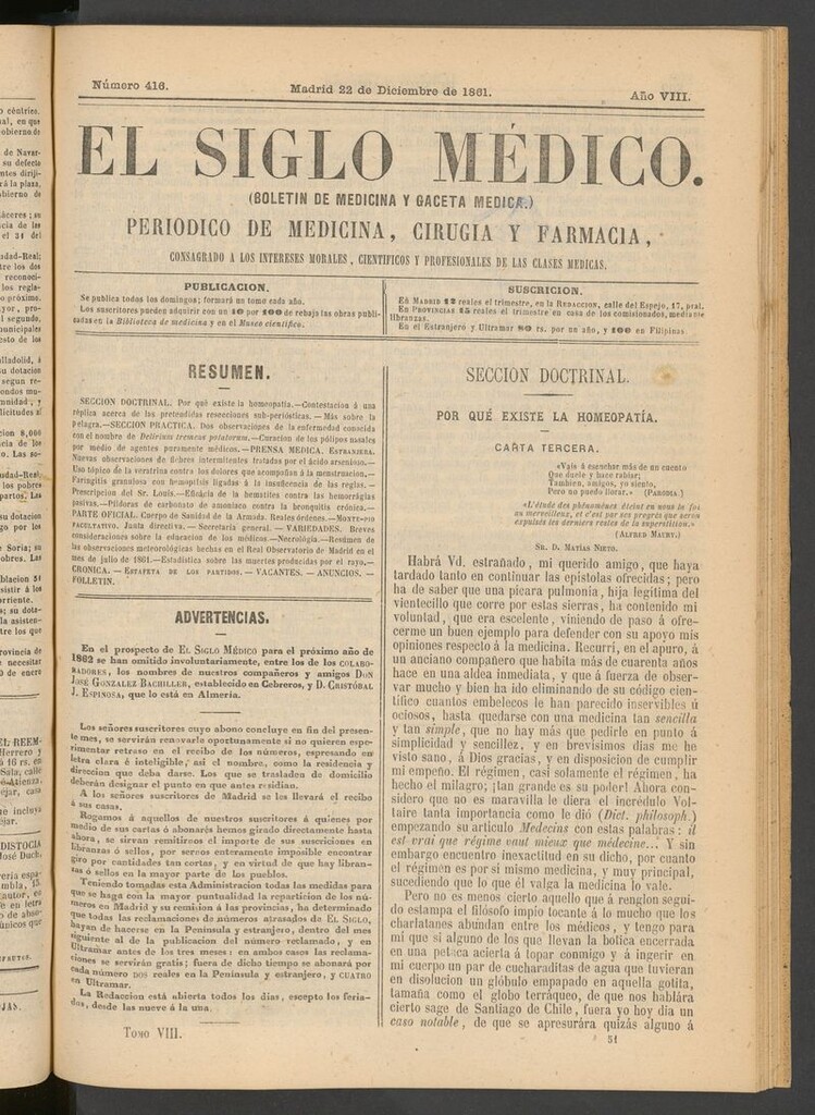Miniatura de El Siglo Médico: boletín de medicina y gaceta médica del 22 de diciembre de 1861
