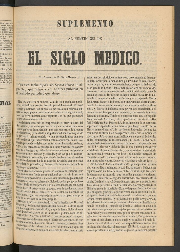 Miniatura de El Siglo Médico: boletín de medicina y gaceta médica del 21 de abril de 1861, suplemento al nº 381
