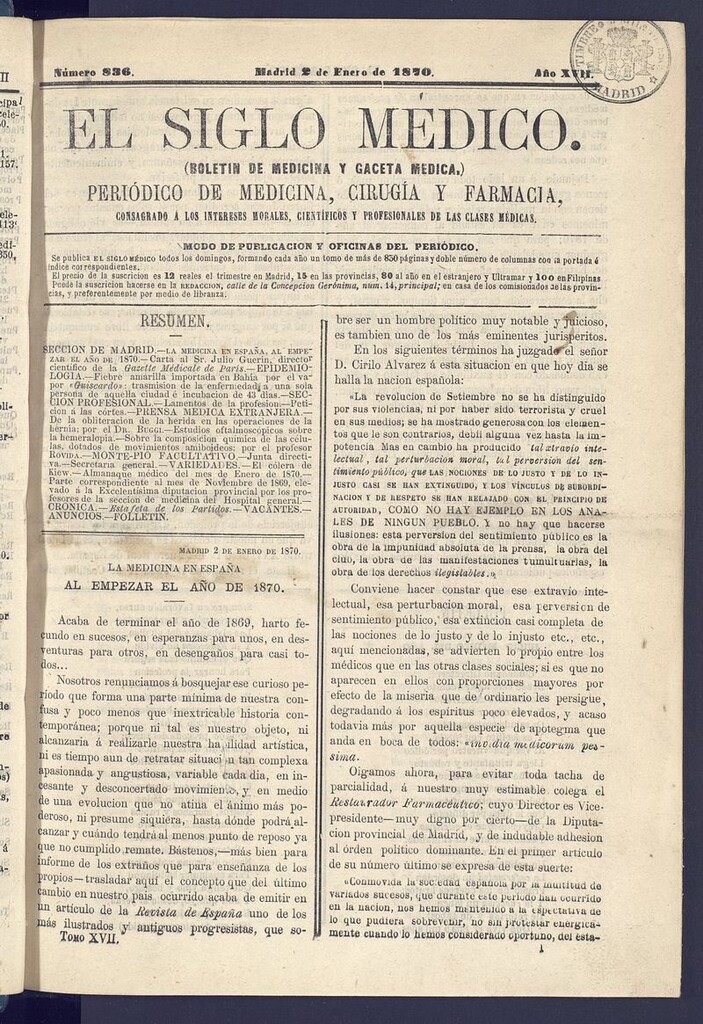Miniatura de El Siglo Médico: boletín de medicina y gaceta médica del 2 de enero de 1870