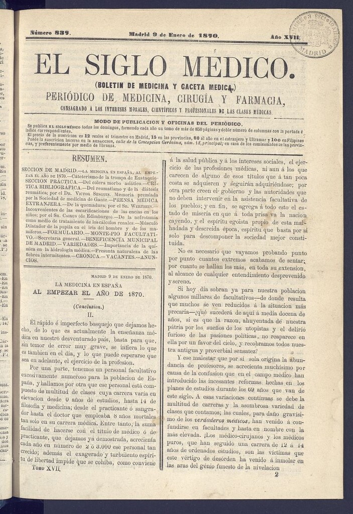 Miniatura de El Siglo Médico: boletín de medicina y gaceta médica del 9 de enero de 1870