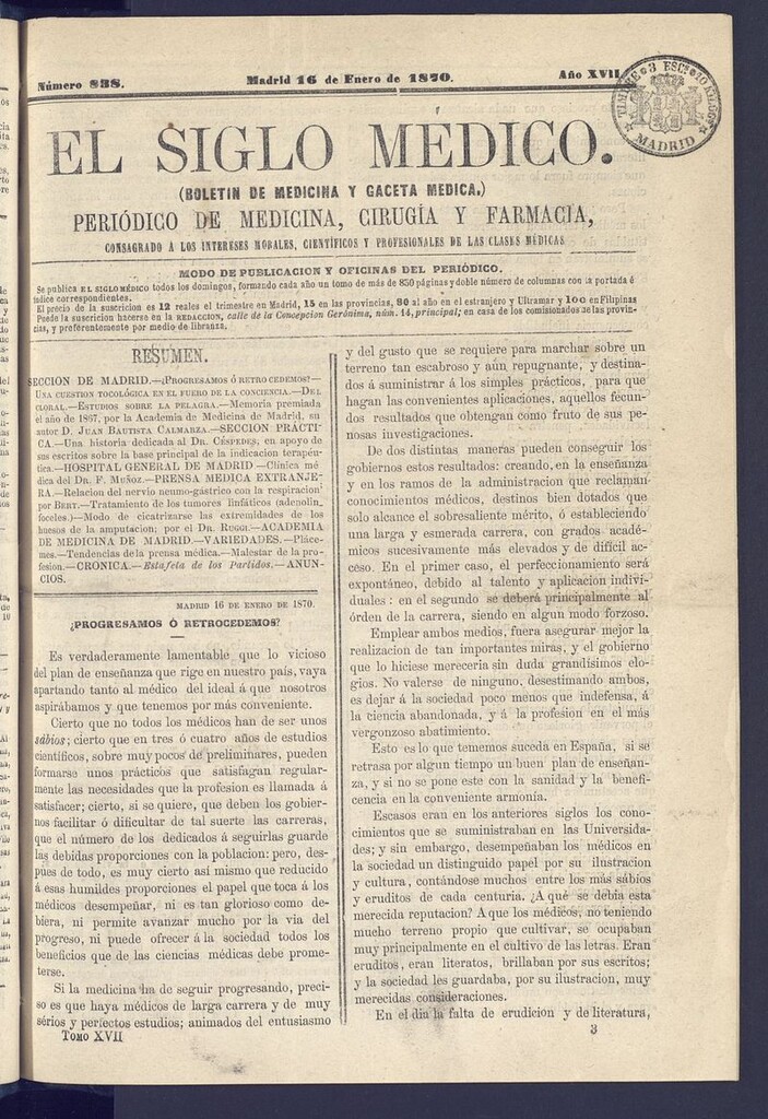 Miniatura de El Siglo Médico: boletín de medicina y gaceta médica del 16 de enero de 1870
