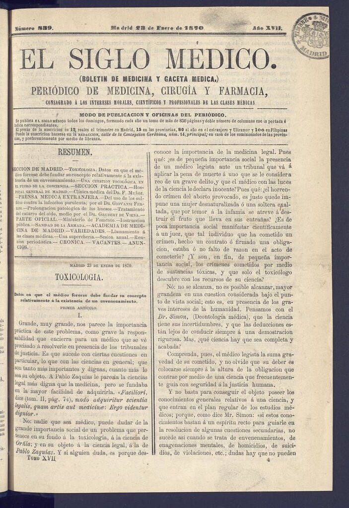 Miniatura de El Siglo Médico: boletín de medicina y gaceta médica del 23 de enero de 1870