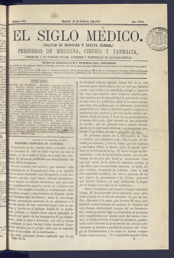 Miniatura de El Siglo Médico: boletín de medicina y gaceta médica del 27 de febrero de 1870
