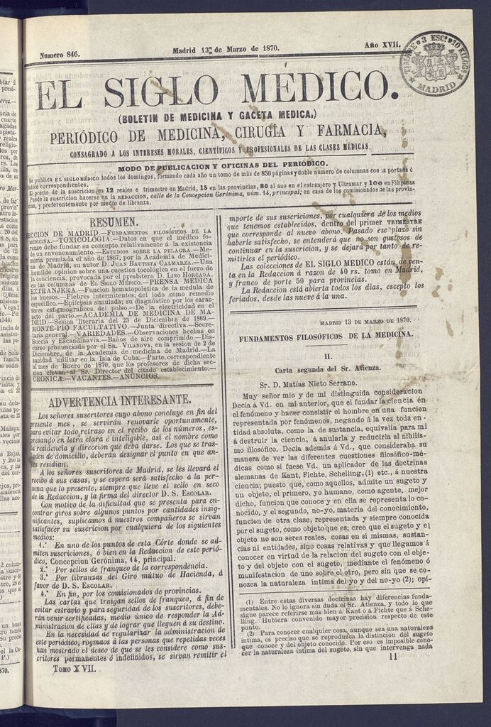 Miniatura de El Siglo Médico: boletín de medicina y gaceta médica del 13 de marzo de 1870
