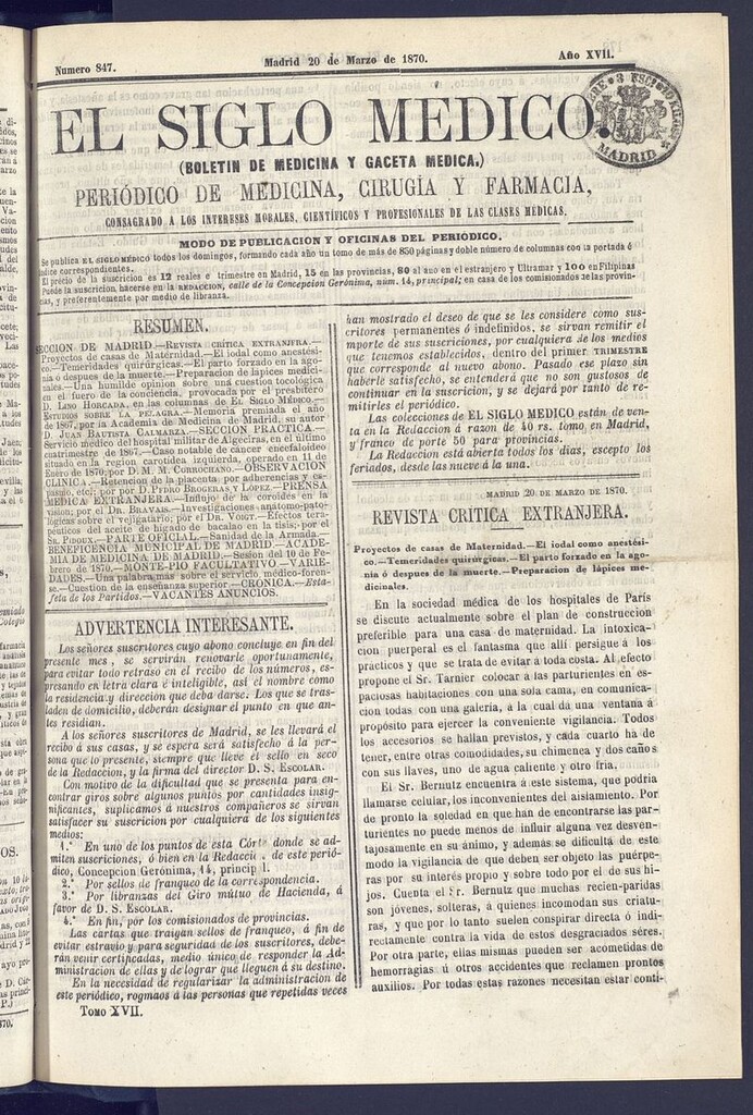 Miniatura de El Siglo Médico: boletín de medicina y gaceta médica del 20 de marzo de 1870
