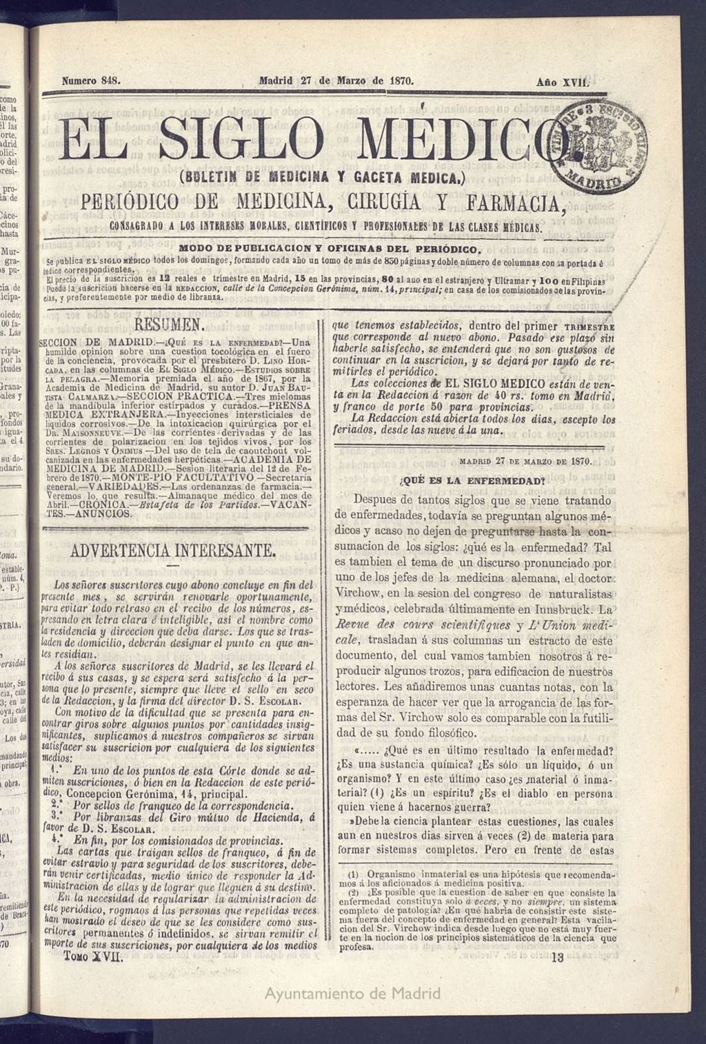 Miniatura de El Siglo Médico: boletín de medicina y gaceta médica del 27 de marzo de 1870