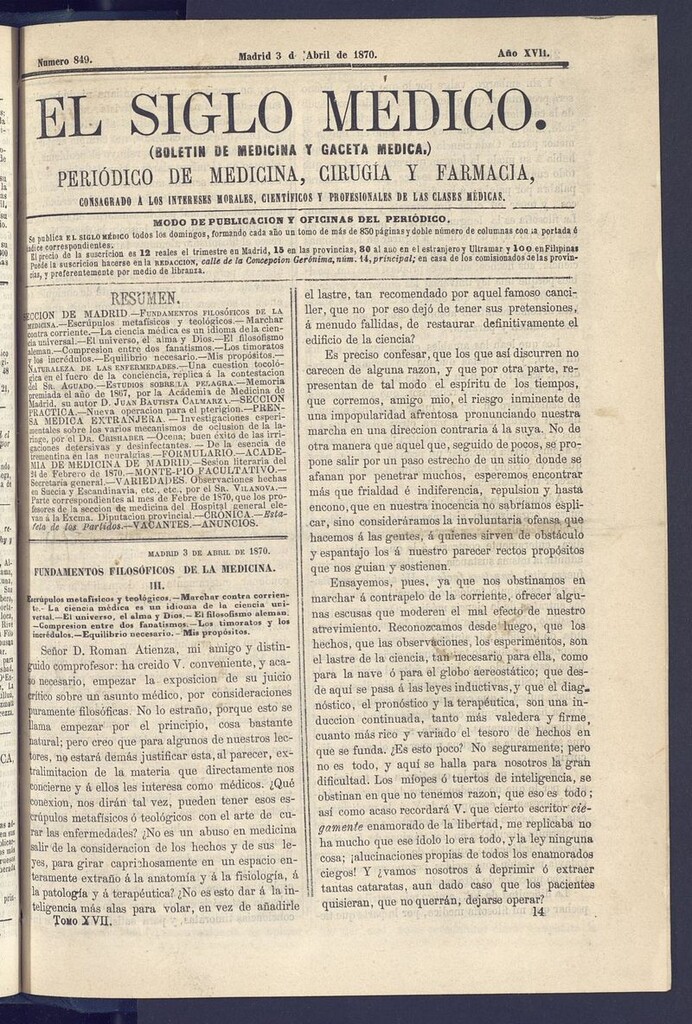 Miniatura de El Siglo Médico: boletín de medicina y gaceta médica del 3 de abril de 1870