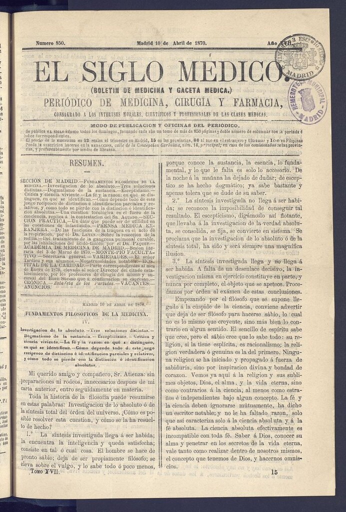 Miniatura de El Siglo Médico: boletín de medicina y gaceta médica del 10 de abril de 1870