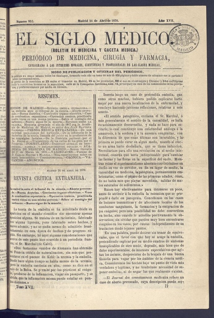 Miniatura de El Siglo Médico: boletín de medicina y gaceta médica del 24 de abril de 1870
