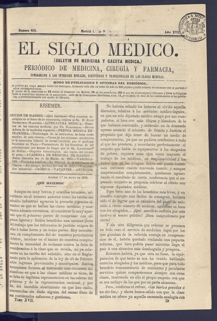 Miniatura de El Siglo Médico: boletín de medicina y gaceta médica del 1 de mayo de 1870
