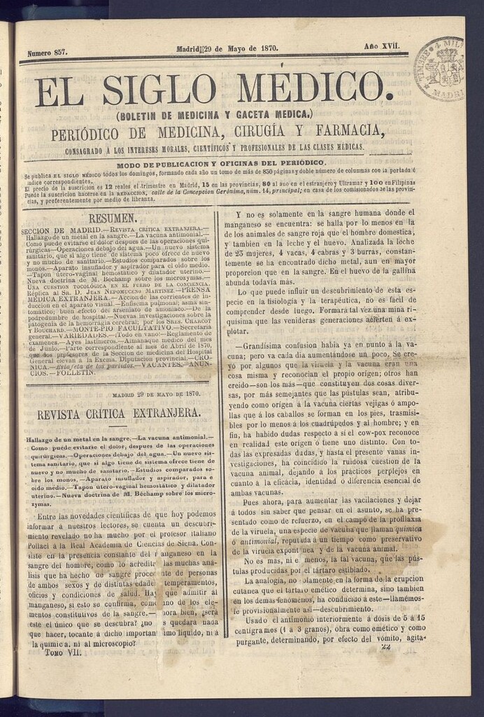 Miniatura de El Siglo Médico: boletín de medicina y gaceta médica del 29 de mayo de 1870