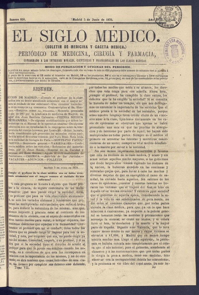 Miniatura de El Siglo Médico: boletín de medicina y gaceta médica del 5 de junio de 1870