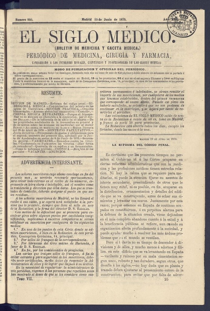 Miniatura de El Siglo Médico: boletín de medicina y gaceta médica del 19 de junio de 1870