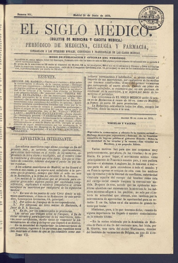 Miniatura de El Siglo Médico: boletín de medicina y gaceta médica del 26 de junio de 1870