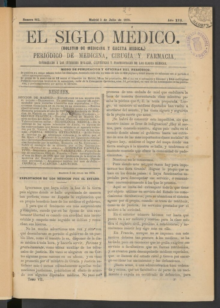 Miniatura de El Siglo Médico: boletín de medicina y gaceta médica del 3 de julio de 1870