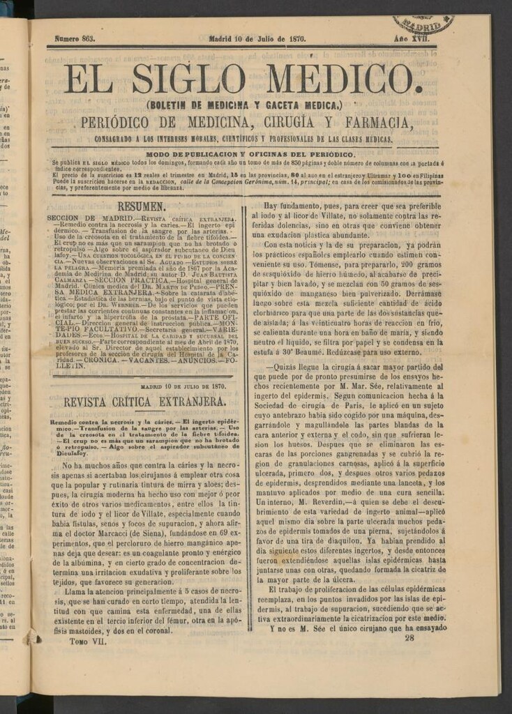 Miniatura de El Siglo Médico: boletín de medicina y gaceta médica del 10 de julio de 1870
