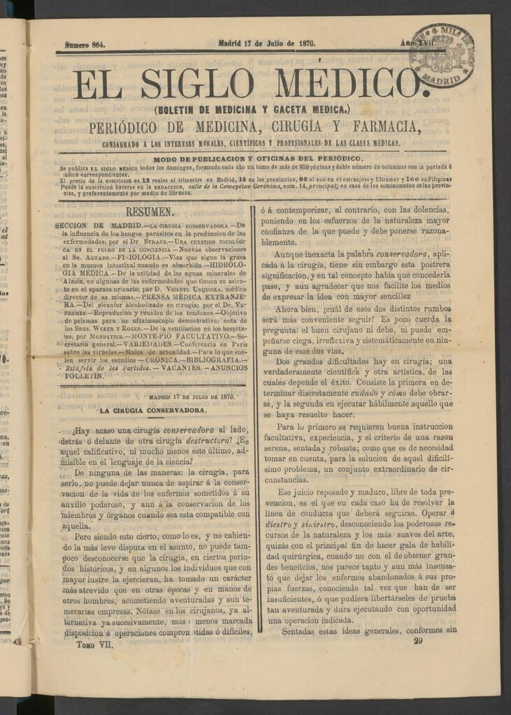 Miniatura de El Siglo Médico: boletín de medicina y gaceta médica del 17 de julio de 1870