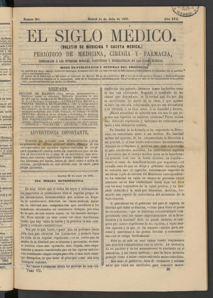 Miniatura de El Siglo Médico: boletín de medicina y gaceta médica del 24 de julio de 1870