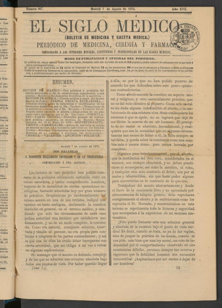 Miniatura de El Siglo Médico: boletín de medicina y gaceta médica del 7 de agosto de 1870