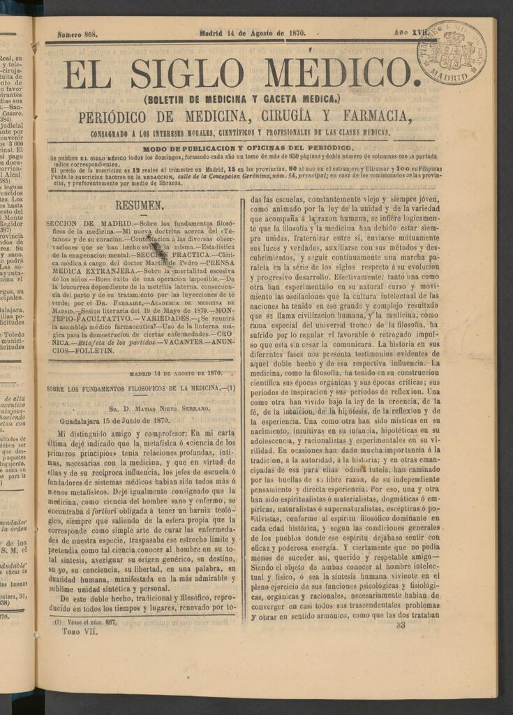 Miniatura de El Siglo Médico: boletín de medicina y gaceta médica del 14 de agosto de 1870