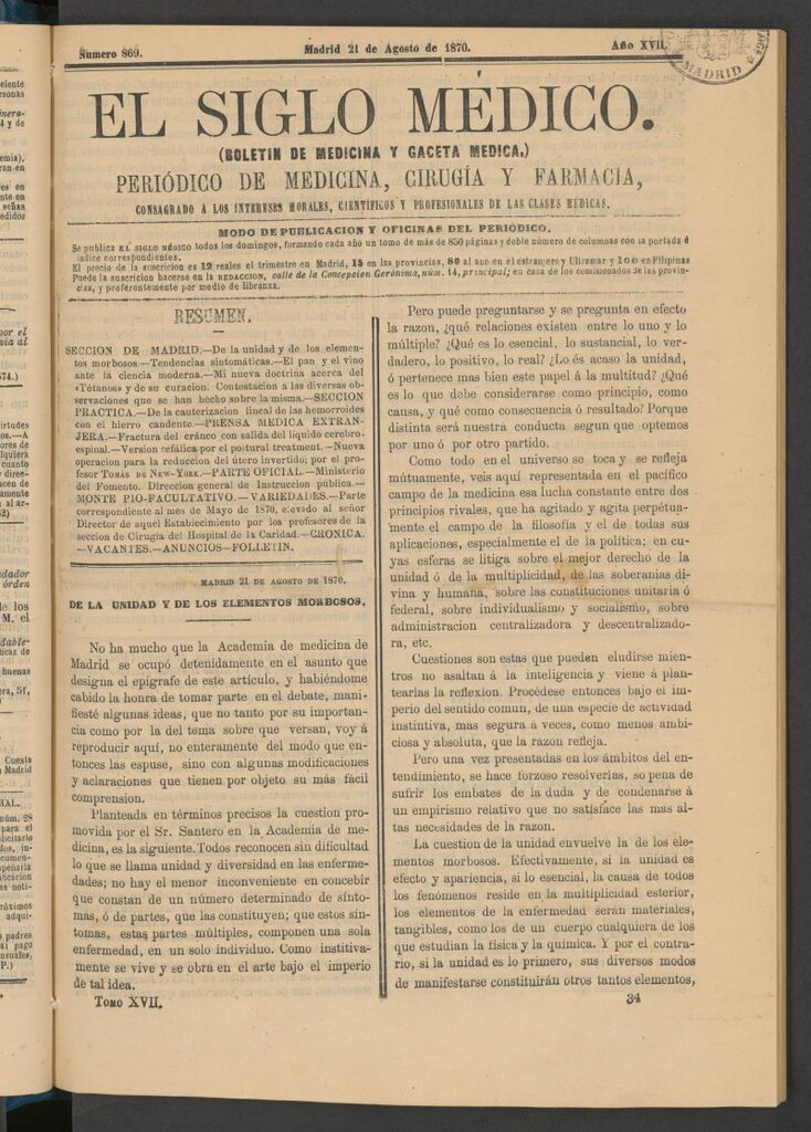 Miniatura de El Siglo Médico: boletín de medicina y gaceta médica del 21 de agosto de 1870