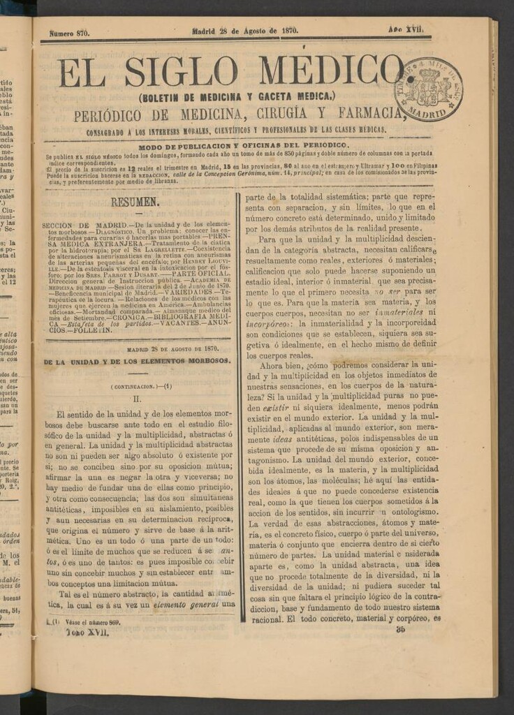 Miniatura de El Siglo Médico: boletín de medicina y gaceta médica del 28 de agosto de 1870