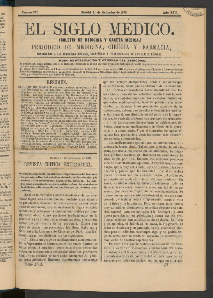 Miniatura de El Siglo Médico: boletín de medicina y gaceta médica del 11 de septiembre de 1870