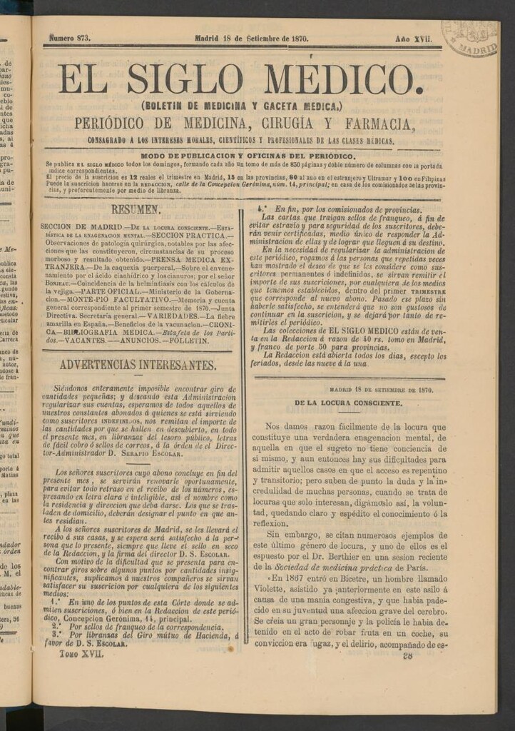 Miniatura de El Siglo Médico: boletín de medicina y gaceta médica del 18 de septiembre de 1870