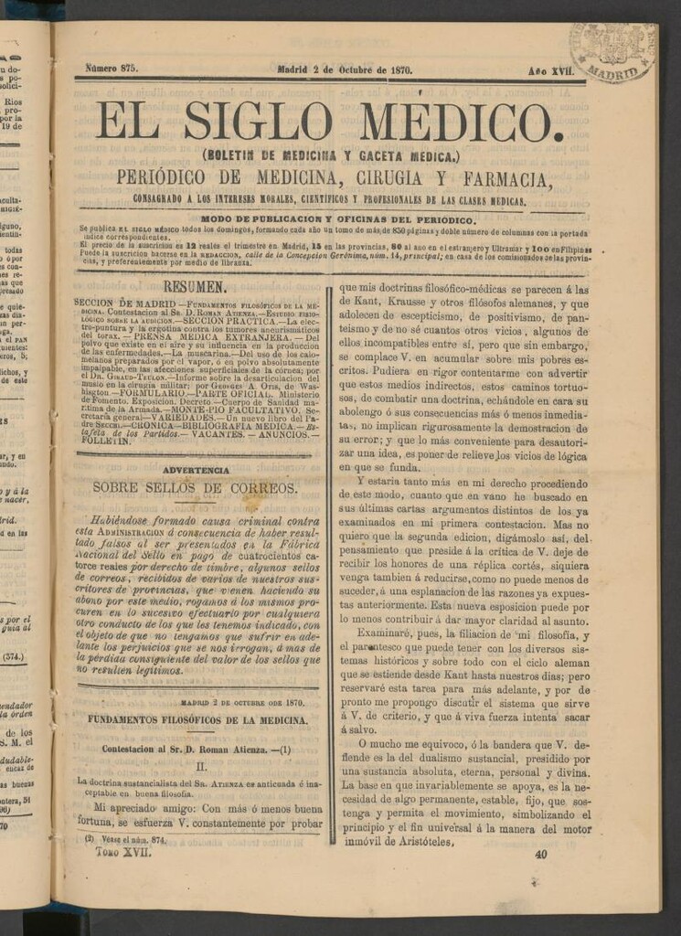 Miniatura de El Siglo Médico: boletín de medicina y gaceta médica del 2 de octubre de 1870