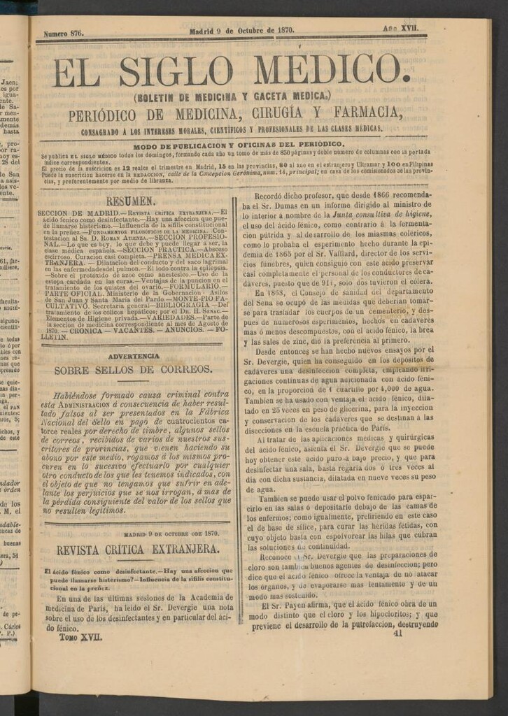 Miniatura de El Siglo Médico: boletín de medicina y gaceta médica del 9 de octubre de 1870