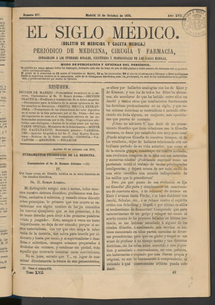 Miniatura de El Siglo Médico: boletín de medicina y gaceta médica del 16 de octubre de 1870