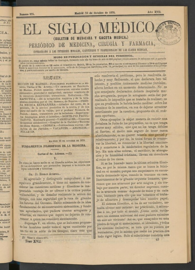 Miniatura de El Siglo Médico: boletín de medicina y gaceta médica del 23 de octubre de 1870