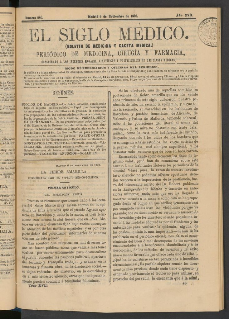 Miniatura de El Siglo Médico: boletín de medicina y gaceta médica del 6 de noviembre de 1870