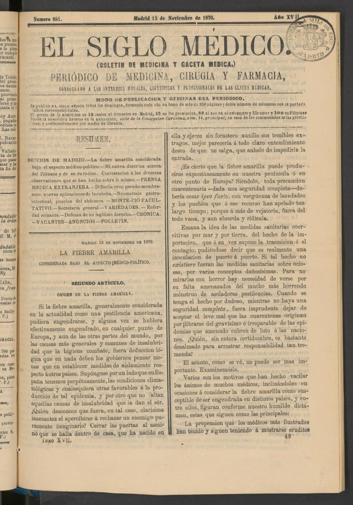 Miniatura de El Siglo Médico: boletín de medicina y gaceta médica del 13 de noviembre de 1870